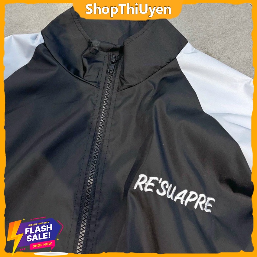 Áo khoác đen chống nắng unisex vải dù 2 lớp trơn chữ resuapre không mũ có túi tay bo