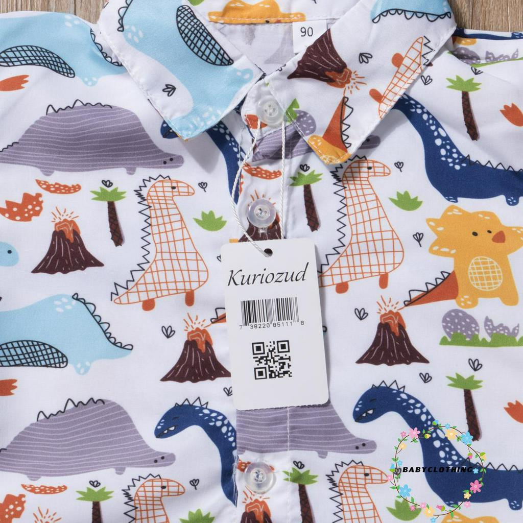 Set trang phục bé trai 2 món gồm áo sơ mi tay ngắn họa tiết khủng long và quần short thời trang
