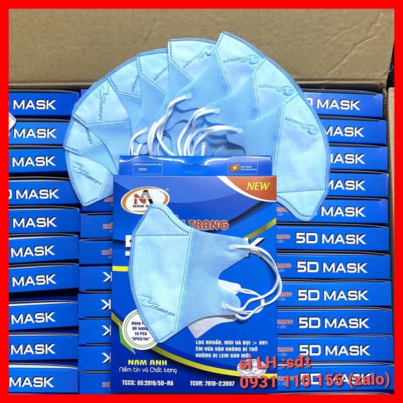 ✅ Hộp 10 Khẩu Trang y tế 5D Mask giấy kháng khuẩn Famapro Nam Anh màu xanh