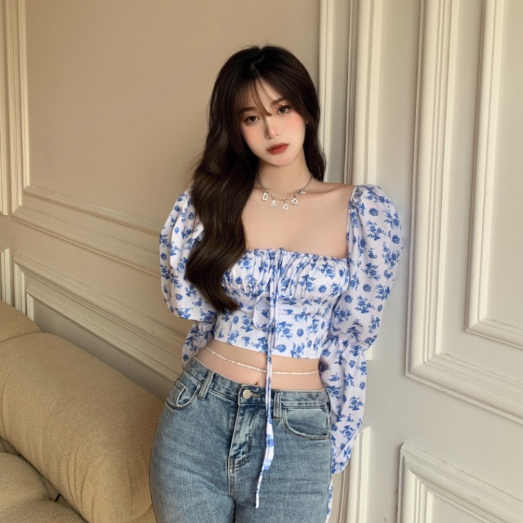 Áo Croptop Tay Phồng Cổ Vuông In Hoa Thời Trang Quyến Rũ Cho Nữ