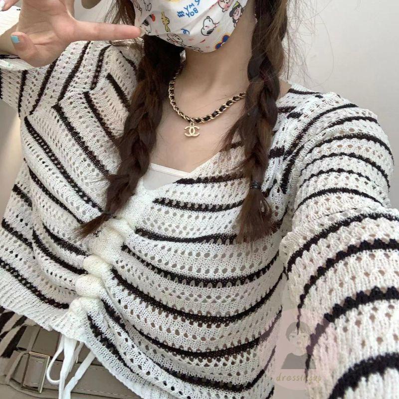 Áo Dệt Kim Tay Dài Cổ Chữ V Họa Tiết Kẻ Sọc Thiết Kế Dây Rút Thời Trang Mùa Hè Xinh Xắn Cho Nữ