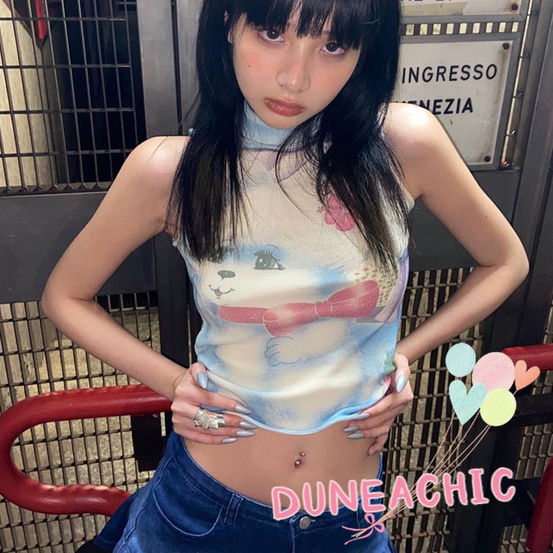 DUNEA Áo Tank Top Sát Nách In Hoạt Hình Phối Khăn Choàng Dễ Thương Cho Nữ