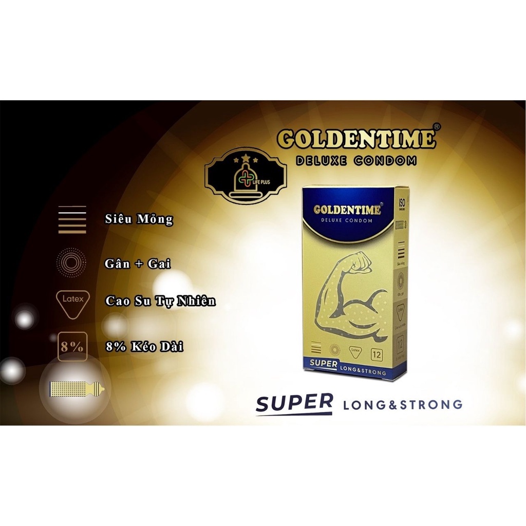 Bao cao su Goldentime  Super Long & Strong  siêu mỏng và chứa hợp chất Benzocain giúp kéo dài cuộc yêu.- Life Plus