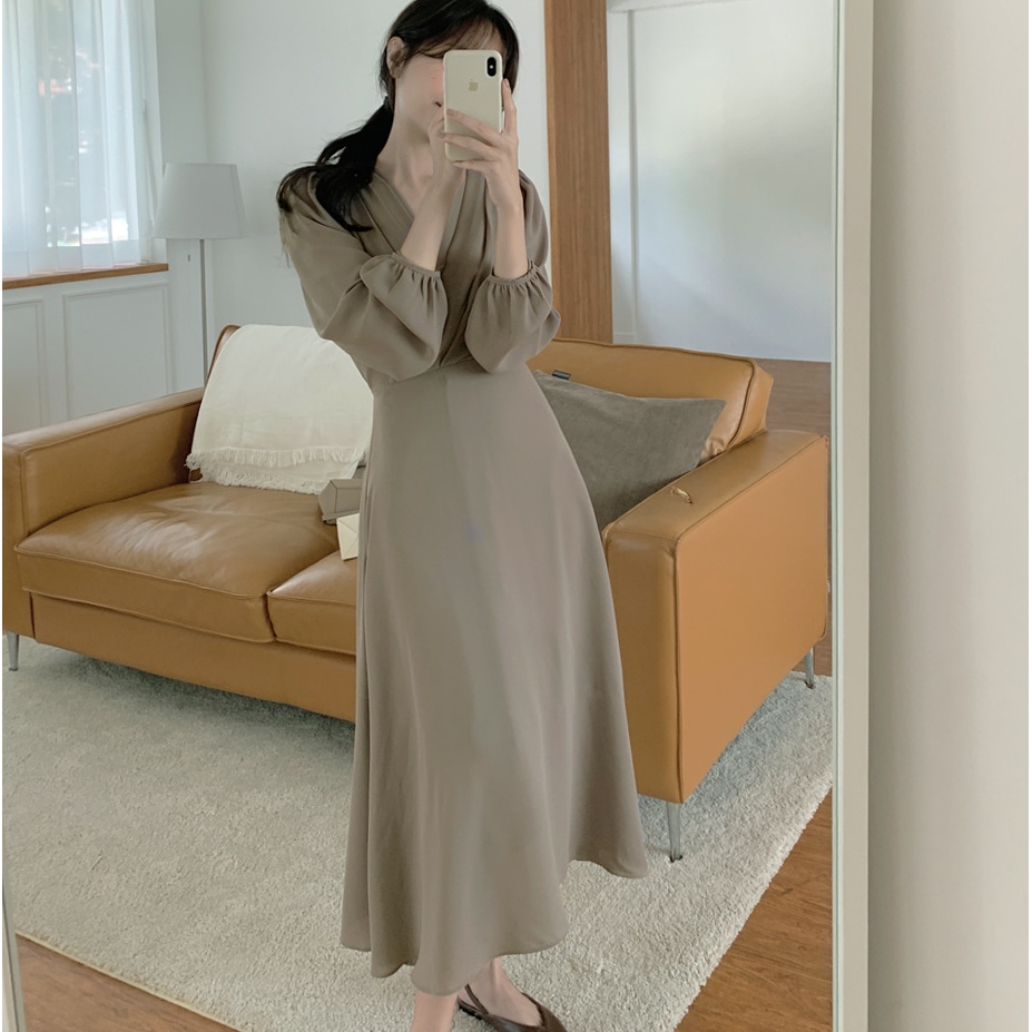 SUXI Đầm Maxi Dài Tay Cổ Chữ V Màu Sắc Đơn Giản Thời Trang Mùa Hè Cho Nữ