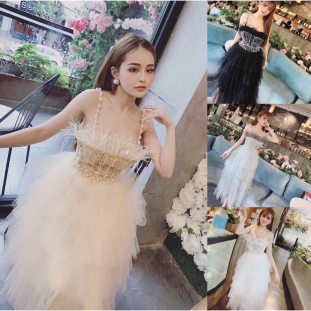 ẢNH VÀ VIDEO thật 1000%   Đầm xoè 2 dây xếp tầng kết cườm sang trọng