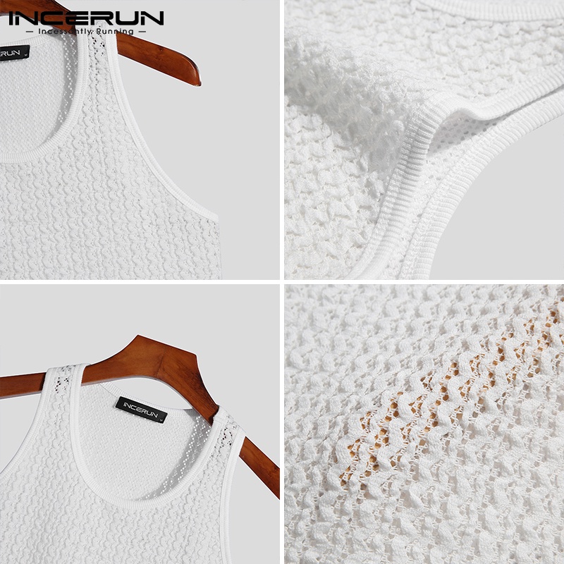Áo không tay INCERUN dệt kim vải cotton xuyên thấu phối ren thời trang mùa hè sành điệu cho nam