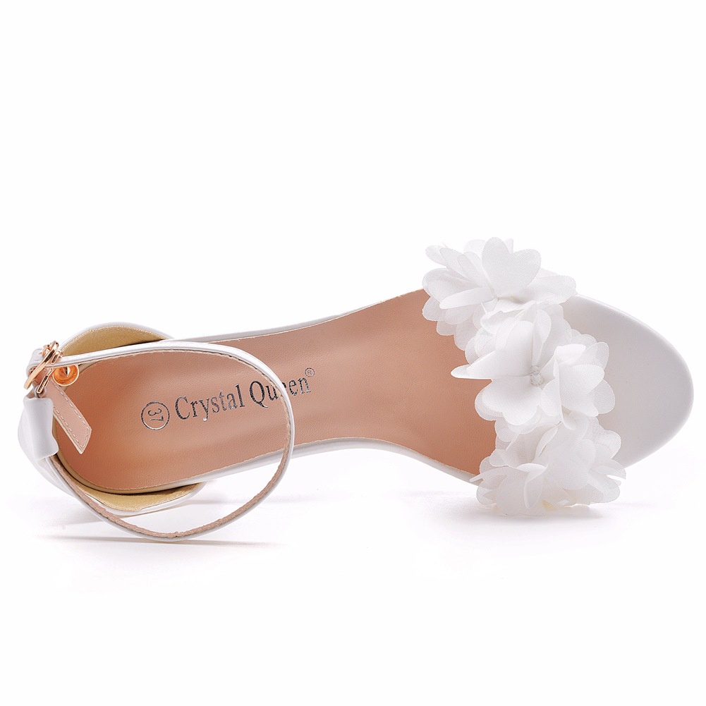 Xxshxy Giày Sandal Cao Gót Mũi Tròn 7cm Đính Hoa Màu Trắng Trơn Cho Cô Dâu Chụp Ảnh Cưới