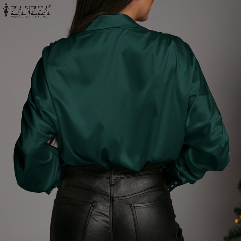 Áo sơ mi ZANZEA vải bóng màu trơn thời trang dành cho nữ