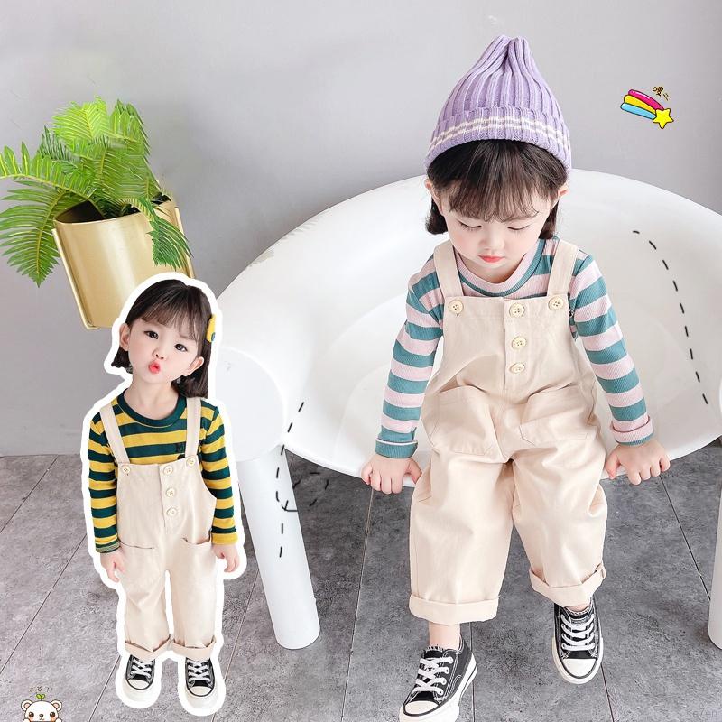 Set trang phục áo thun tay dài họa tiết kẻ sọc và quần yếm dài phong cách Hàn Quốc xinh xắn dành cho bé gái