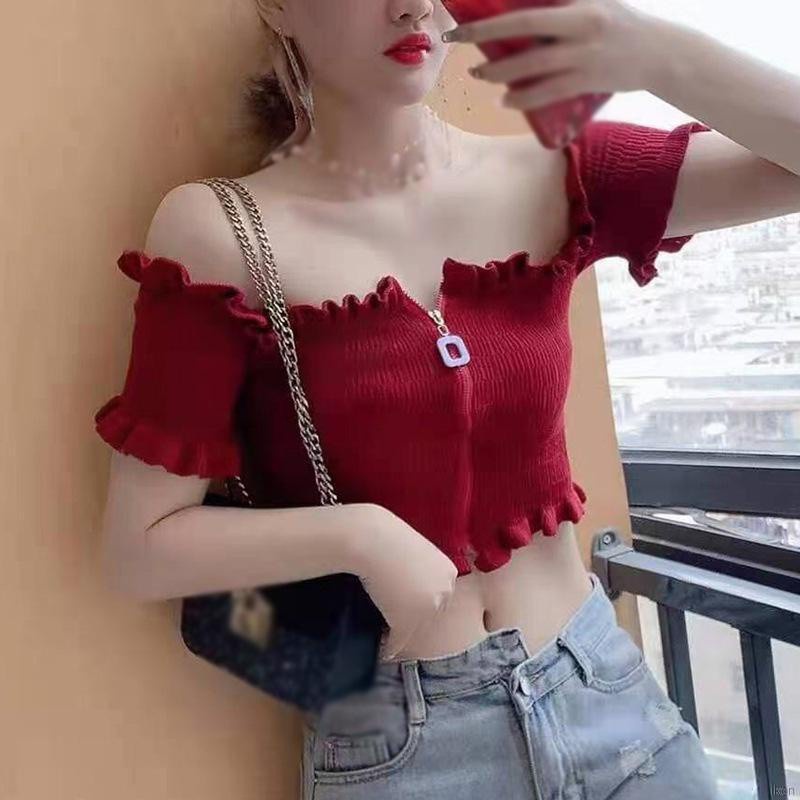 Áo croptop dệt kim tay ngắn thiết kế trễ vai gợi cảm