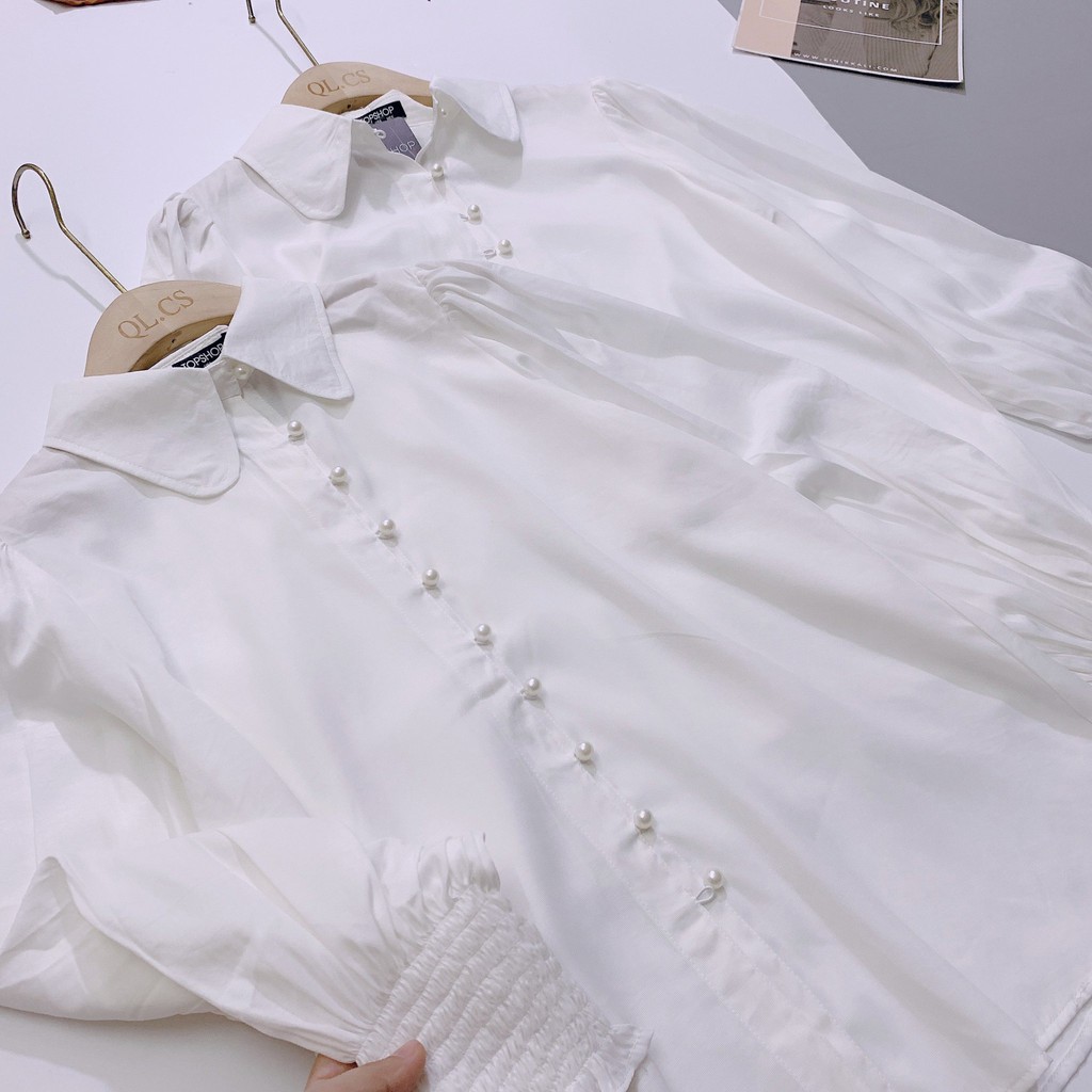 [Mã WASKT304 giảm 15% tối đa 30K đơn 99K] Áo sơ mi trắng nữ, cổ đức bo tròn, tay dài chun, cúc ngọc cực đẹp | BigBuy360 - bigbuy360.vn