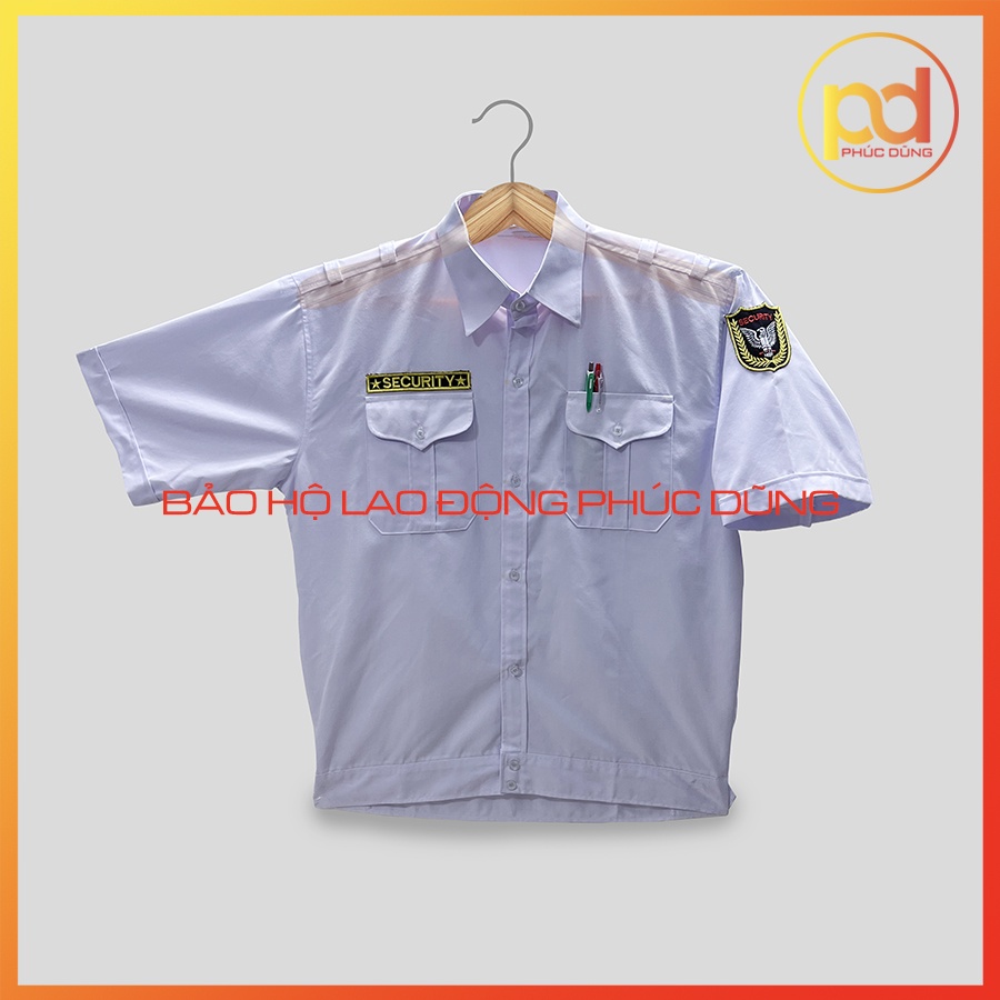 Áo đồng phục bảo vệ budong bo eo màu trắng ngắn tay chuyên nghiệp cotton thấm hút mồ hôi tốt đầy đủ logo cánh tay, ngực