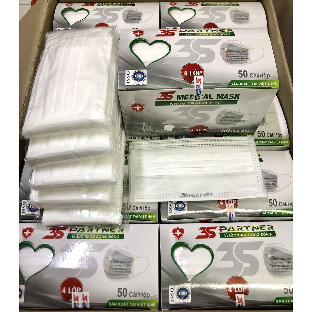 Khẩu trang y tế 4 lớp kháng khuẩn 3S Partner màu Trắng hộp 50 cái/ hộp - Khẩu trang màu Trắng 4 lớp chuẩn kháng khuẩn