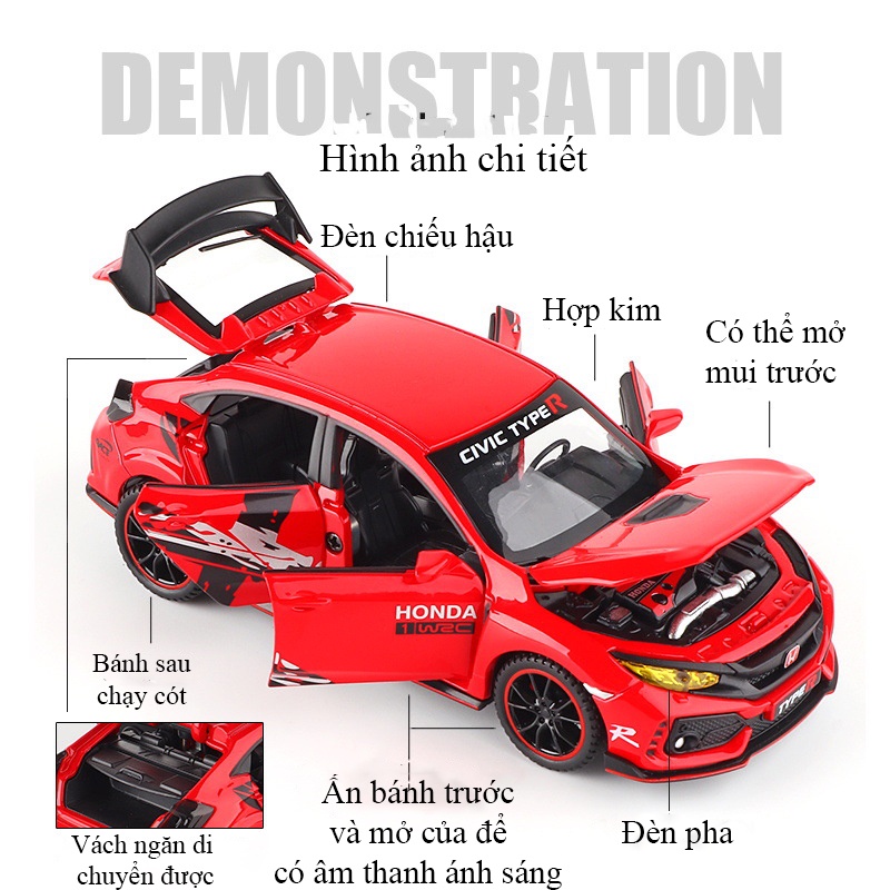 Mô hình xe Honda Civic Type - R KAVY bản giới hạn bằng hợp kim nguyên khối có nhạc đèn chạy cót mở được cửa