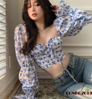 Áo Croptop Dài Tay In Họa Tiết Xinh Xắn Dành Cho Nữ