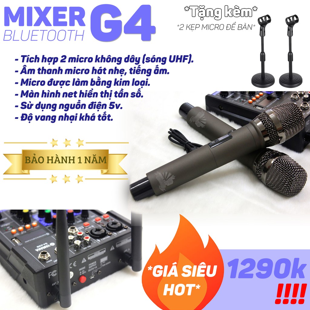[TẶNG KÈM] Bộ Mixer G4 cao cấp tặng kèm 2 kẹp micro mini để bàn chuyên hát karaoke gia đình hỗ trợ mọi loa kéo, otô