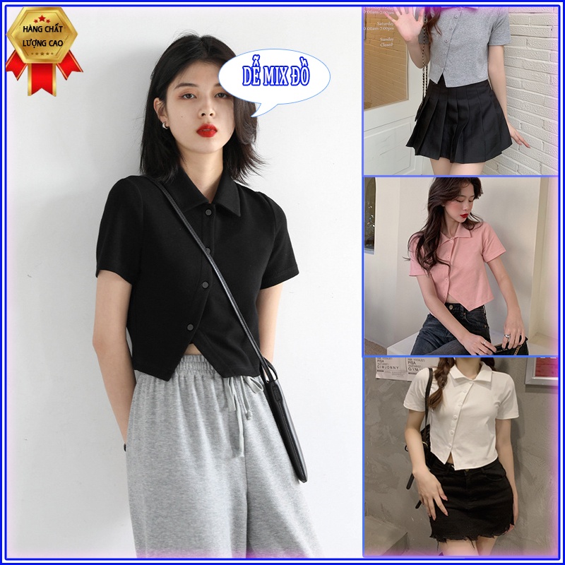 Áo croptop nữ polo tay ngắn vạt chéo có cổ,áo kiểu chất cotton mềm mịn cúc thật 4 màu đen trắng ghi hồng nhạt Wiceda AP4 | BigBuy360 - bigbuy360.vn