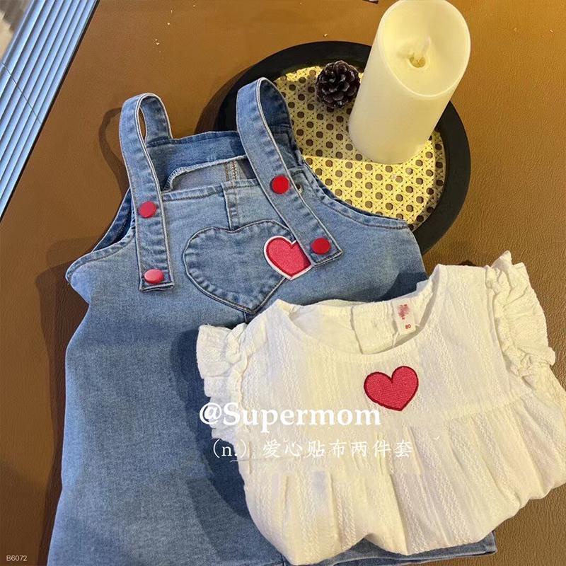 Bộ Áo Sơ Mi Cotton Dài Tay Cổ Búp Bê + Váy Yếm Denim Màu Xanh Dương Thời Trang Xuân Thu Mới Cho Bé