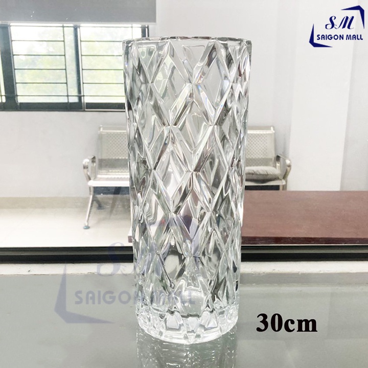 Bình bông lọ hoa thủy tinh trang trí hình trụ hoạ tiết caro sang trọng cao cấp chiều cao 30 cm