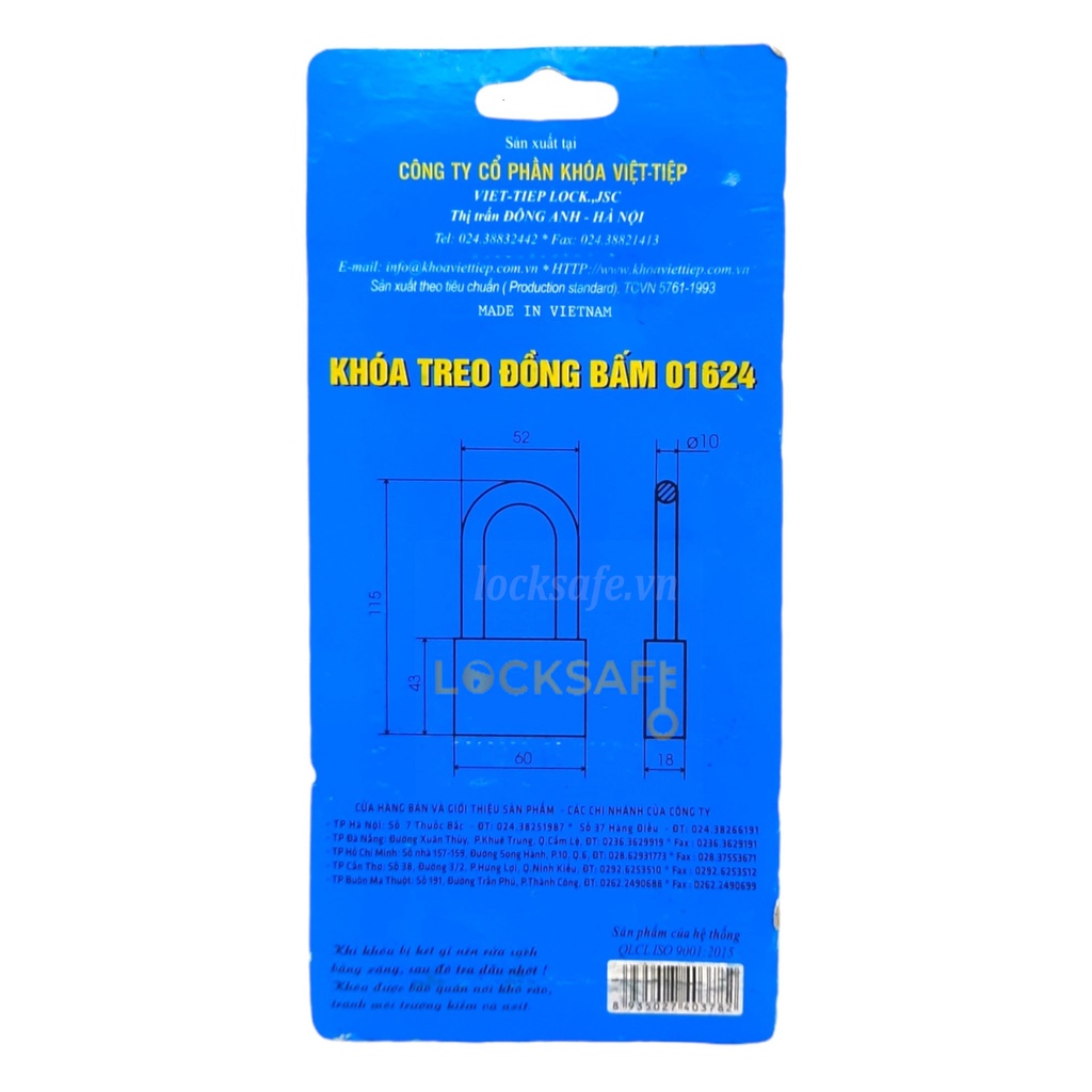 Ổ Khóa Bấm Việt Tiệp Càng Dài Đồng Thau 50mm-01524 , 60mm-01624 Chính Hãng Cao Cấp