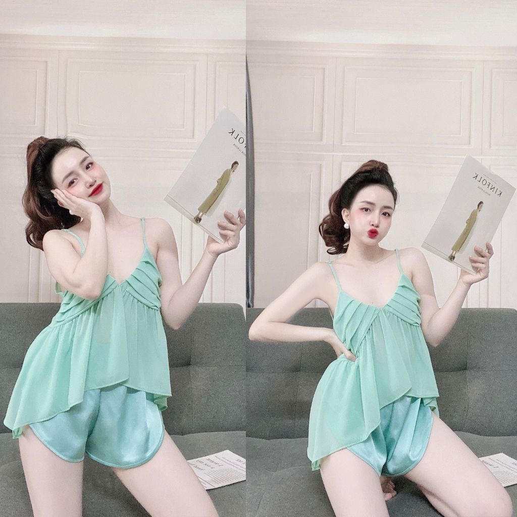 Bộ đồ ngủ nữ sexy TUTA bộ lụa mặc nhà 2 dây quần đùi chất lụa satin phối chiffon cao cấp - MK03