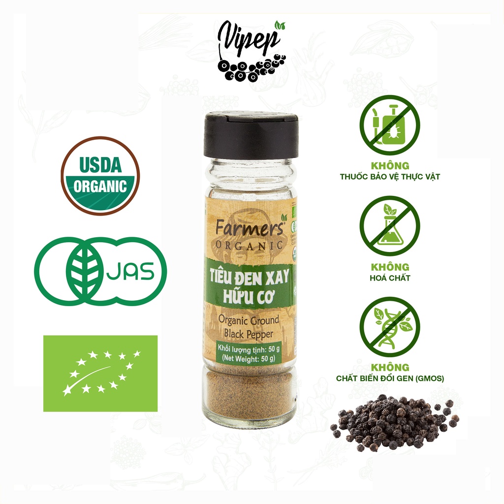 Tiêu Đen Xay Farmers' Organic Hũ Thủy Tinh Vipep 50g