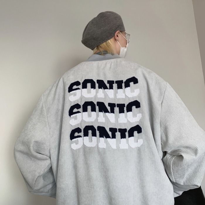 Áo khoác bóng chày vải nhung kẻ dáng rộng in họa tiết chữ phong cách retro cá tính