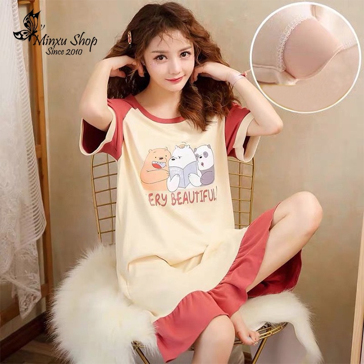 Váy Ngủ, Váy Mặc Nhà Có Đệm Ngực Họa Tiết Đáng Yêu, Chất Mềm Mịn VQ