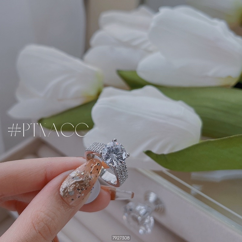Nhẫn xi bạch kim đơn giản, nhẫn nữ đá tròn basic .PTNACC.