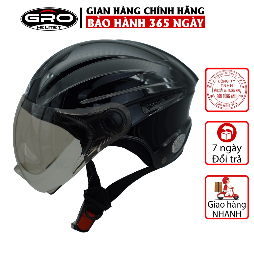 Mũ Bảo Hiểm Nửa Đầu GRO Helmet có kính, kiểu dáng thể thao cho nam và nữ, khóa kim loại chắc chắn - Đen Bóng