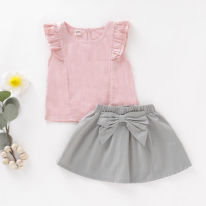 Set đồ 2 mảnh MIKRDOO gồm áo hồng tay áo nhún bèo+chân váy đính nơ thời trang đáng yêu cho bé gái 1-4 tuổi