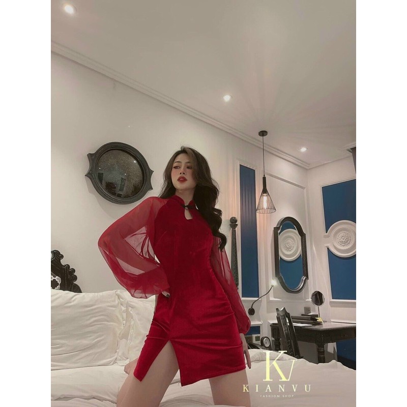 Đầm nhung tay lưới phồng cổ tàu xẻ tà chất vải nhung cao cấp - T5B | BigBuy360 - bigbuy360.vn