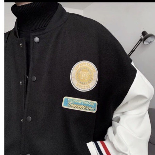 [CÓ CLIP ÁO]  ÁO BOMBER- ÁO VARSITY TAY DA MÀU ĐEN CHẤT DẠ ÉP | BigBuy360 - bigbuy360.vn