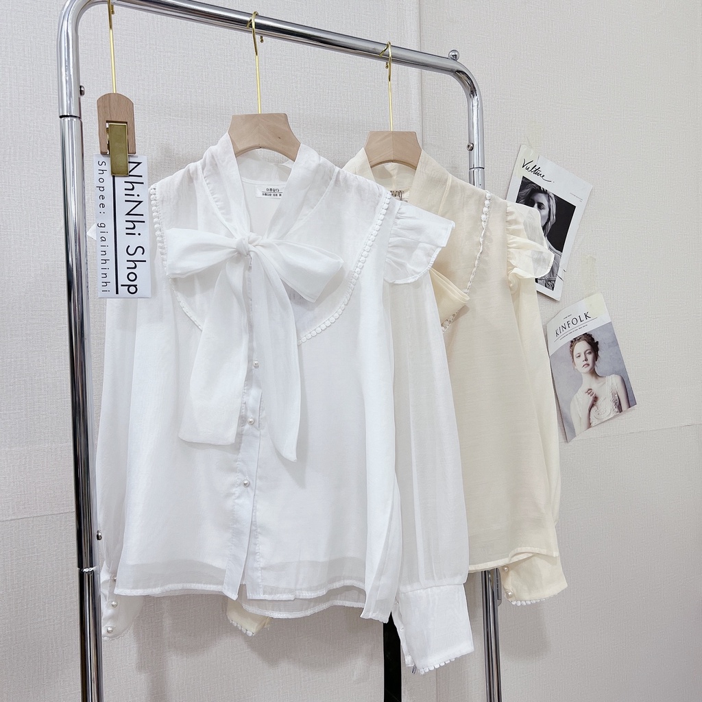 Áo sơ mi von cổ nơ bèo vai, Áo kiểu dài tay cổ buộc nơ thiểu thư SM9381 - NhiNhi Shop