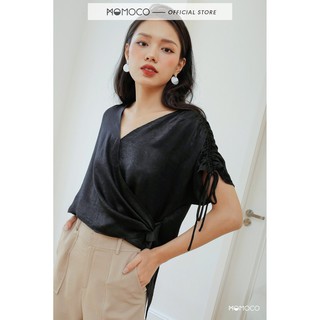 Áo Tay Lỡ Cổ V MOMOCO Rút Vai Vạt Chéo Phong Cách Cá Tính - Nhung Đen - M2646