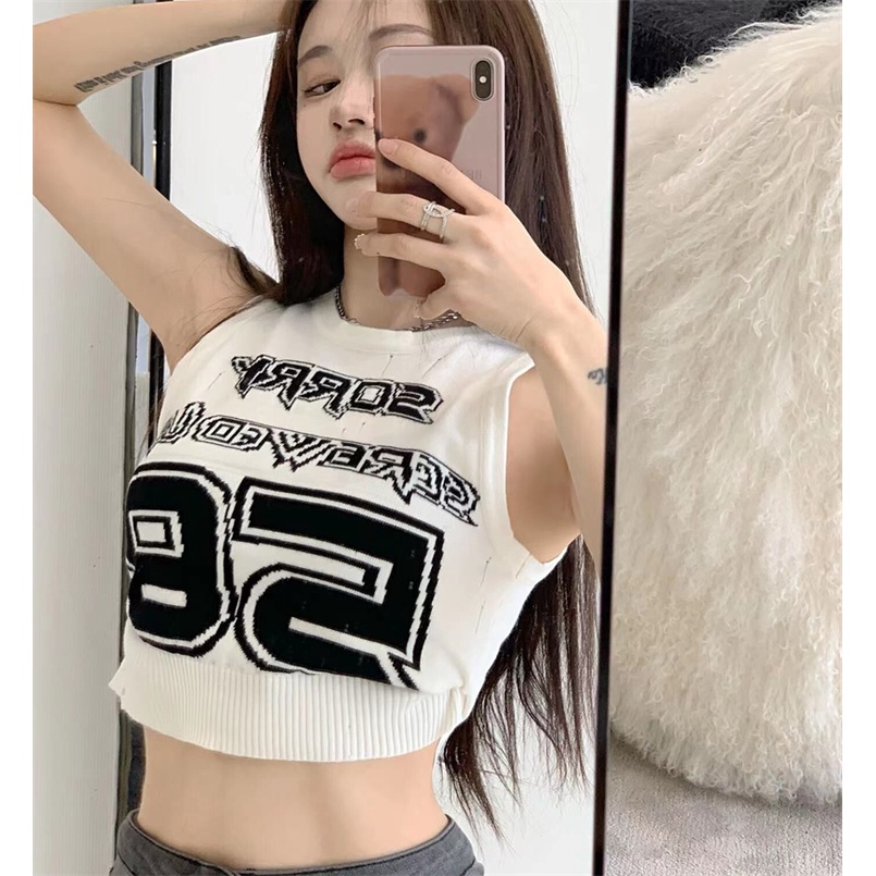 HUANG YOYO Áo Dệt Kim Hai Dây In Chữ Phong Cách Thời Trang Hàn Quốc Cho Nữ