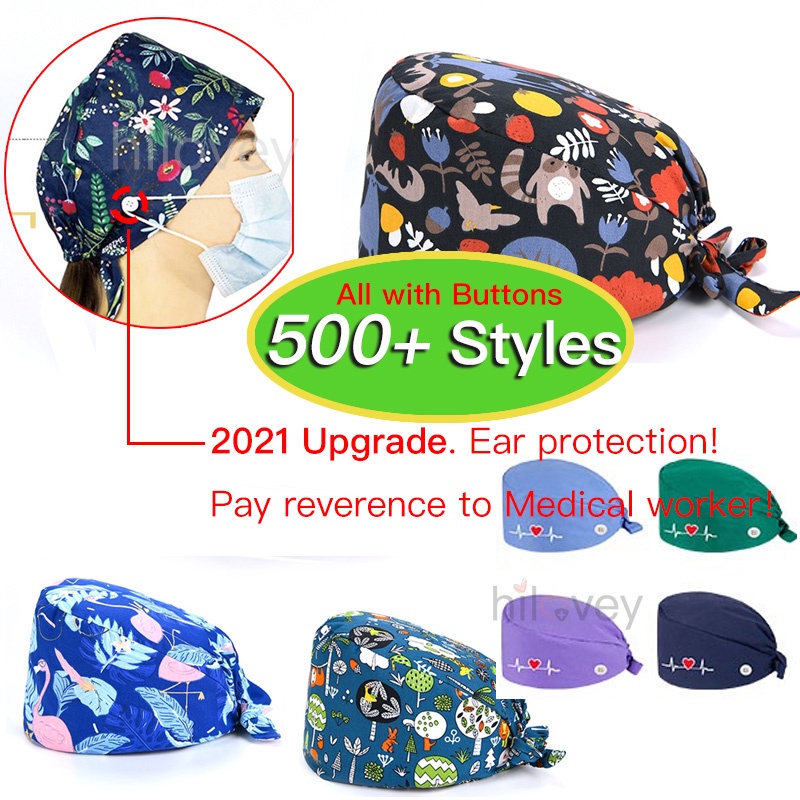mũ phẫu thuật surgical cap nurse Cotton scrub caps In ấn Hoạt hình mũ y tá Unisex adjustable with button Electrocardiogram Heart-shaped Cartoon Printing Series hat