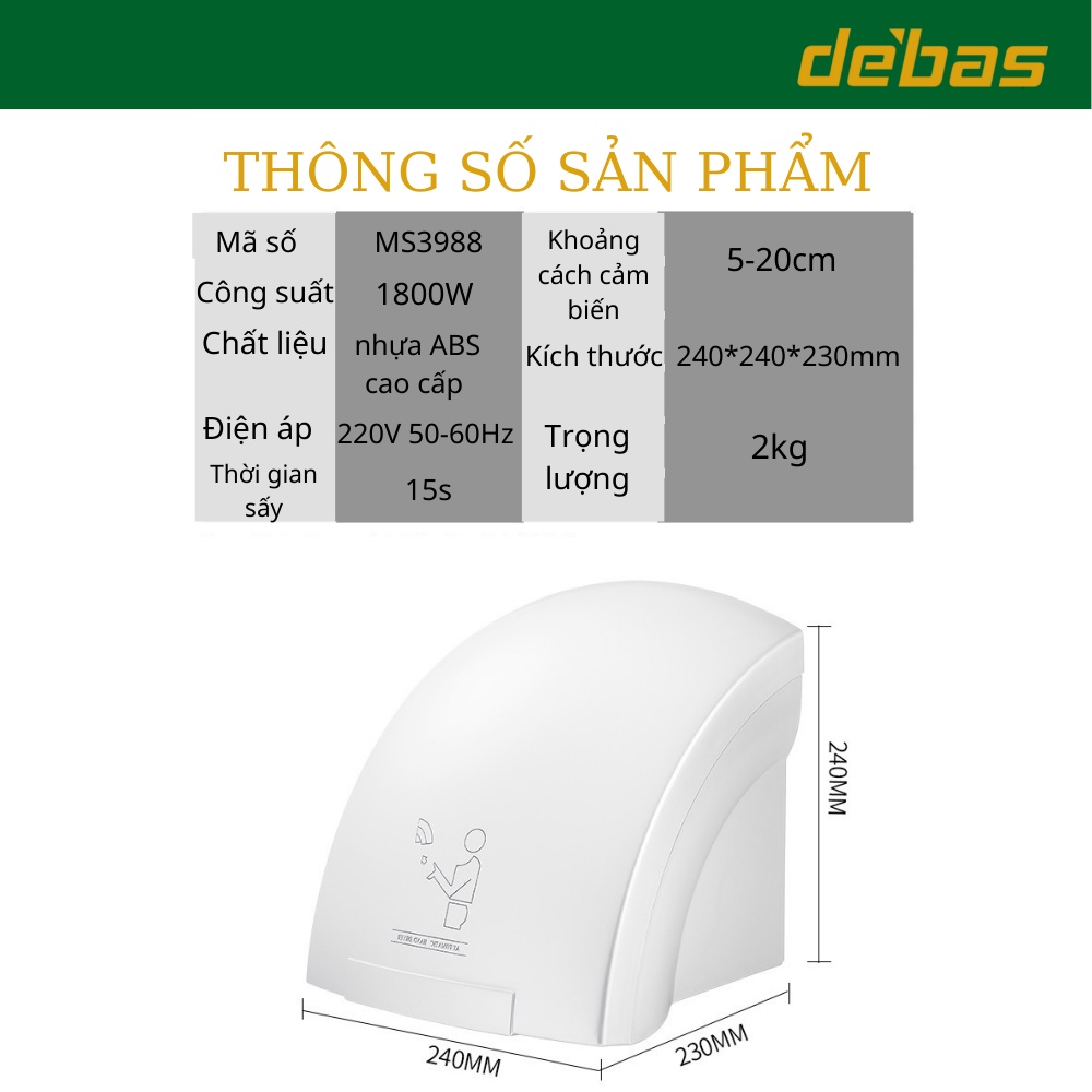 Máy sấy tay kháng khuẩn tự động cảm biến cảm ứng chính hãng cao cấp Debas M3988 M3788
