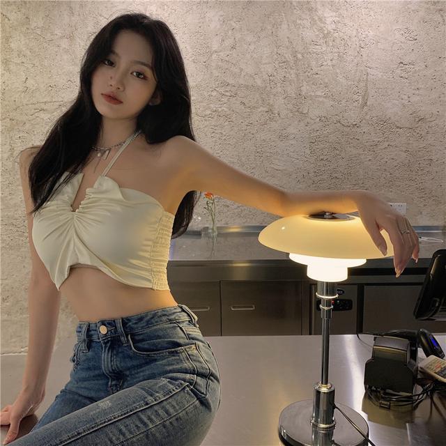 Áo Croptop Không Tay Cổ Chữ V Gợi Cảm Phong Cách Hàn Quốc Cổ Điển Cho Nữ