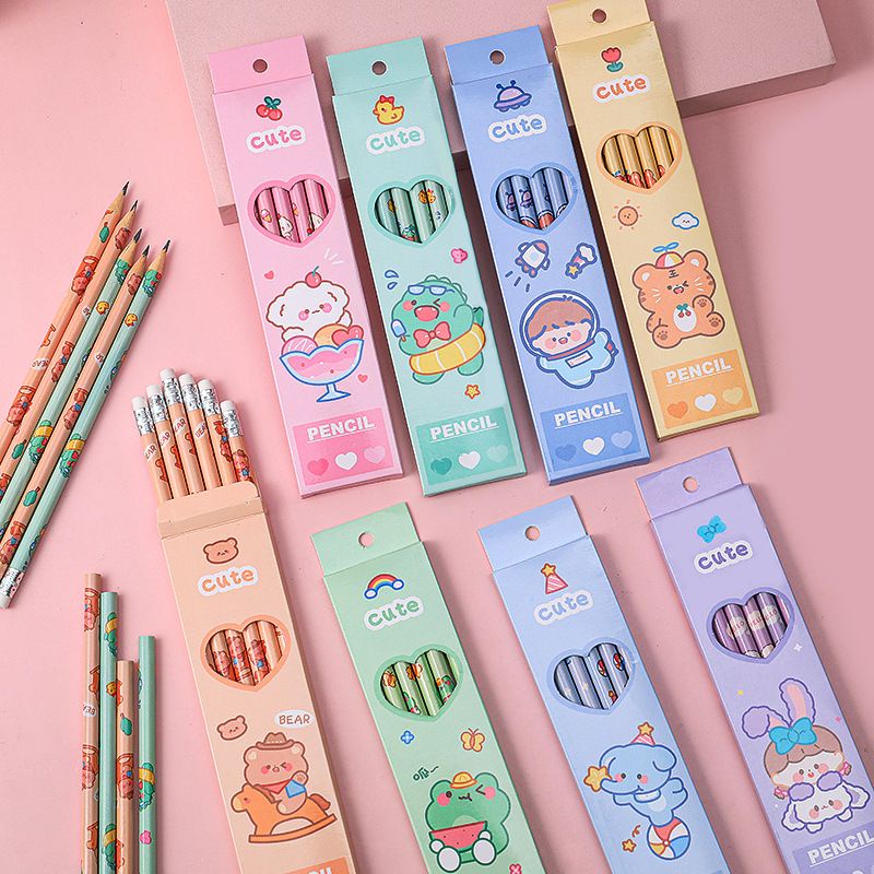 Set 6 bút viết chì HB vỏ in hình thú, động vật cute nhiều màu sắc