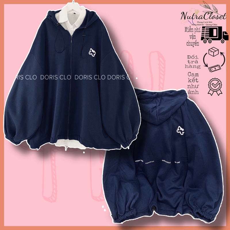 Áo khoác nỉ ngoại tay phồng cánh dơi in hình nón 2 lớp dây kéo unisex ulzang nam nữ