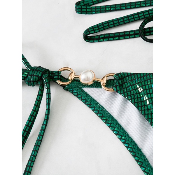 BR02 - Bikini Kẻ Xanh Bóng Nổi Bật Thiết Kế Dây Đan Chéo Thắt Eo Gợi Cảm