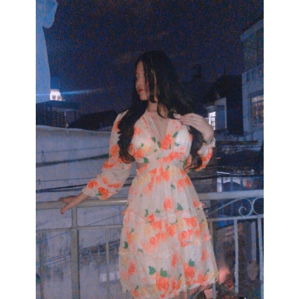 ĐẦM HOA VOAN KHOÉT EO TAY DÀI