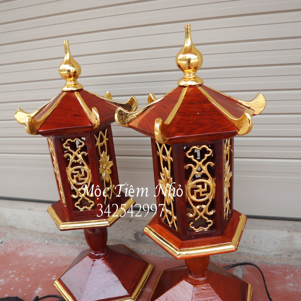 Đèn thờ lục năng gỗ hương-Đèn thờ gia tiên rát vàng gỗ hương cao 51