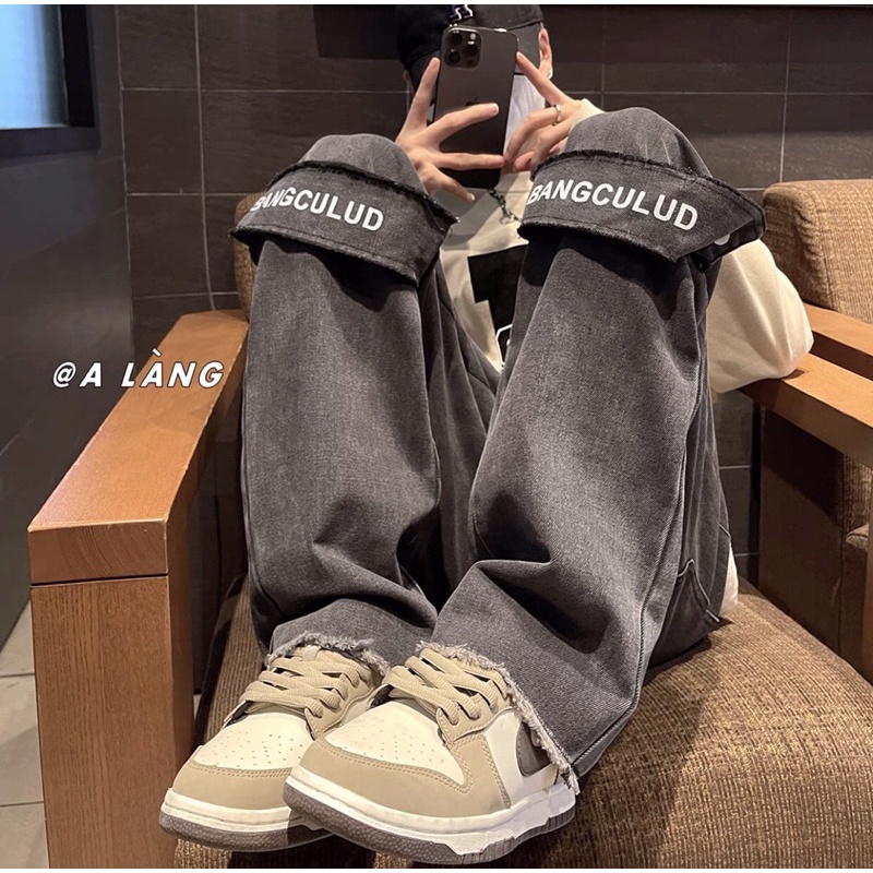 Quần bò jeans ống rộng màu bụi thêu chữ cách điệu hot trend Ulzzang unisex siêu chất ❤️