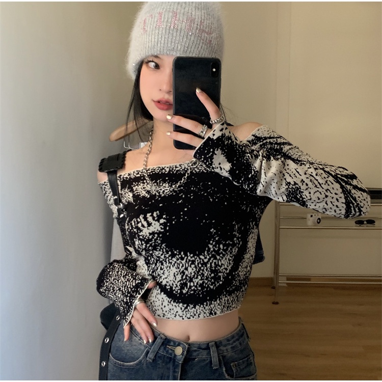 QKOOLE  Áo Dệt Kim Tay Dài Hở Vai Quyến Rũ Thời Trang Phong Cách Hàn Quốc Cho Nữ