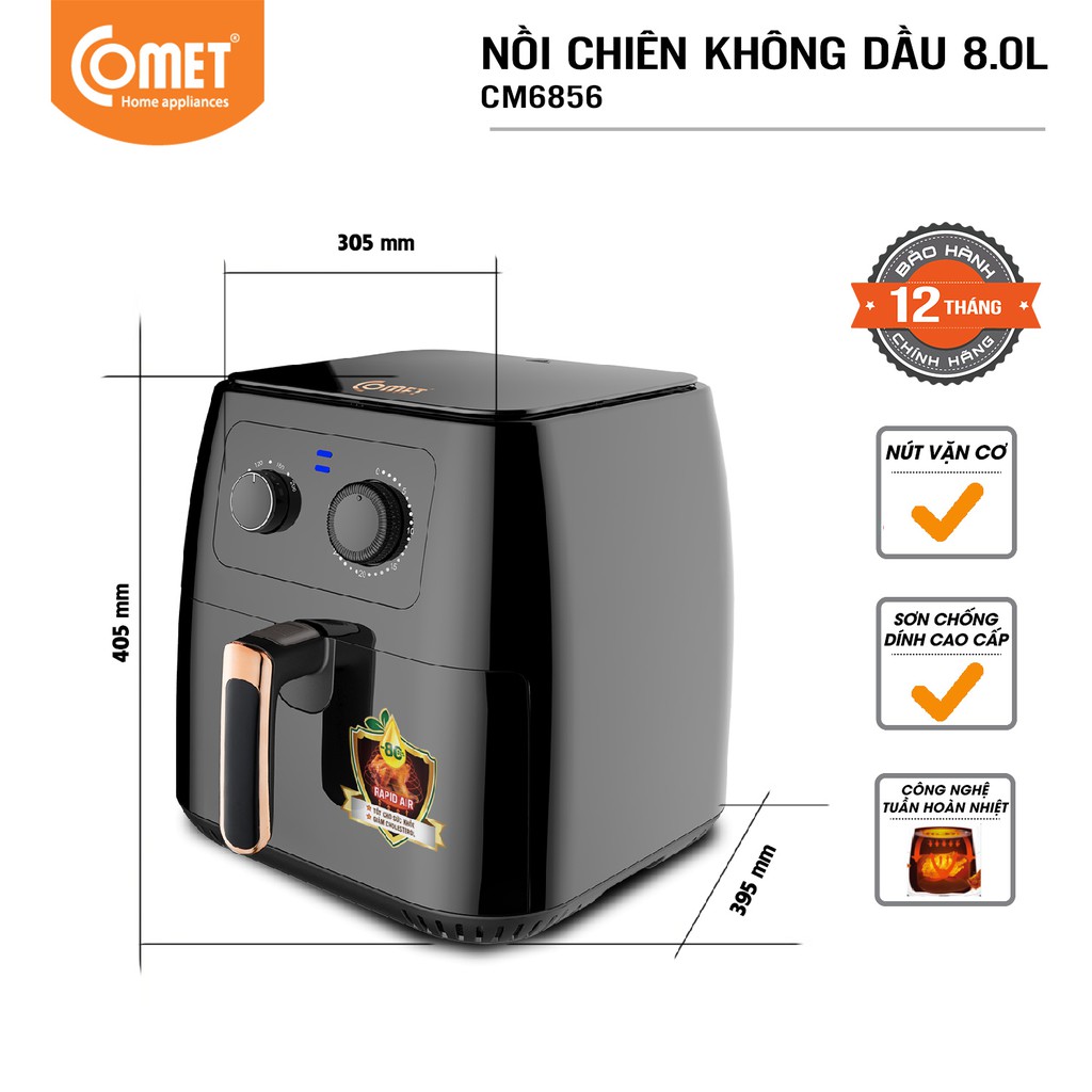 [Mã ELHADEV giảm 4% đơn 300K] Nồi chiên không dầu (Big size) 8L COMET - CM6856