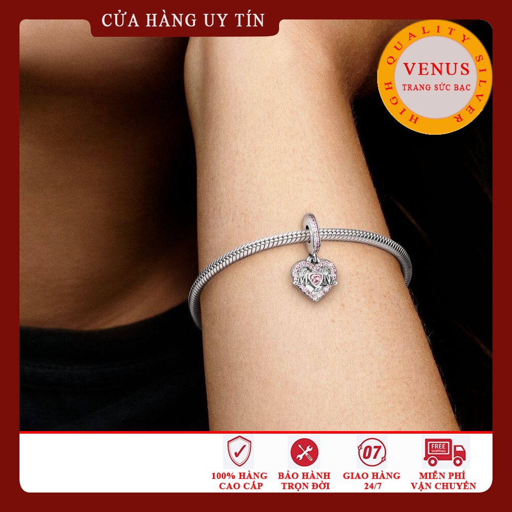 [Charm bạc 925 cao cấp] Charm treo chữ Mom gắn đá hồng- Mã sản phẩm VENUSMOM
