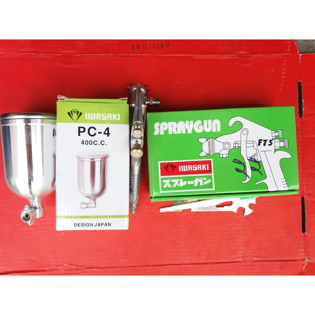 Bộ Phun Sơn Iwasaki F75 + Bình Chứa Sơn 400cc (Chính Hãng JAPAN) - Vỏ hộp màu đỏ và xanh tuỳ đợt hàng về nha  khách