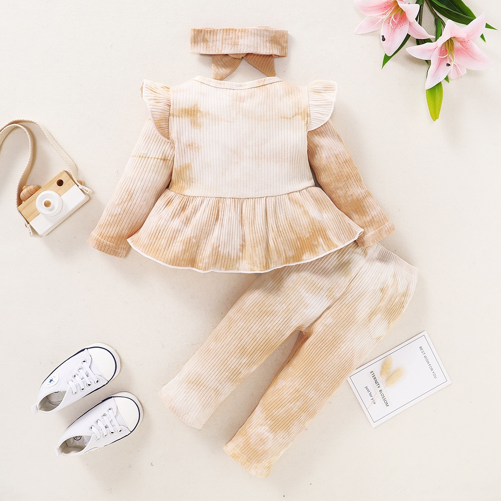 Bộ 3 món MIKRDOO Áo tay dài và Quần kèm Băng đô bằng cotton dành cho bé gái sơ sinh/ tập đi